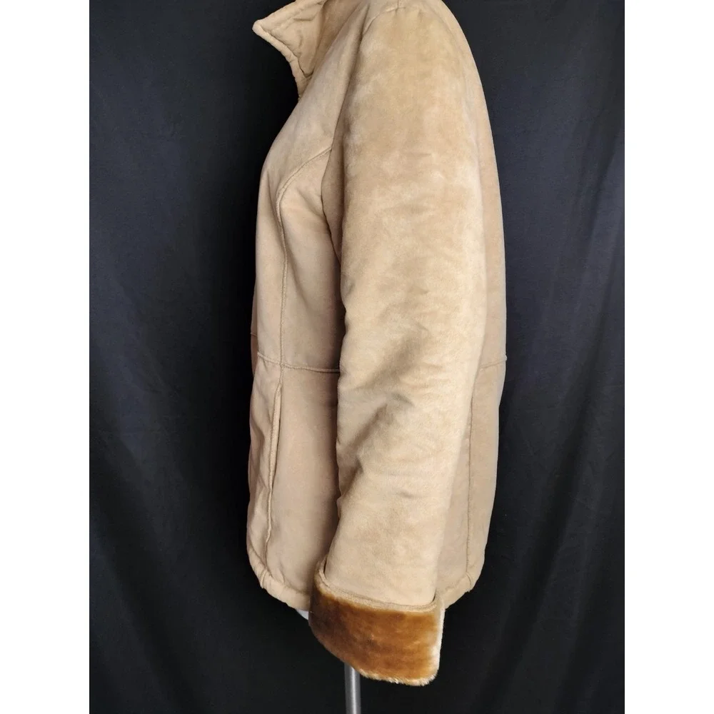 Women's LG coat faux suede fur camel brown 90's vibes warm cozy FLAW